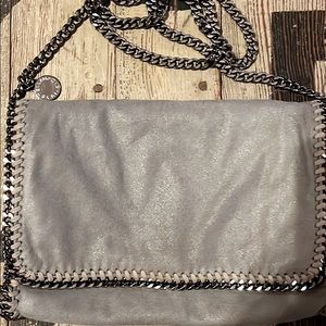 Stella McCartney Falabella “Shaggy Deer” Light Grey metallic crossbody.